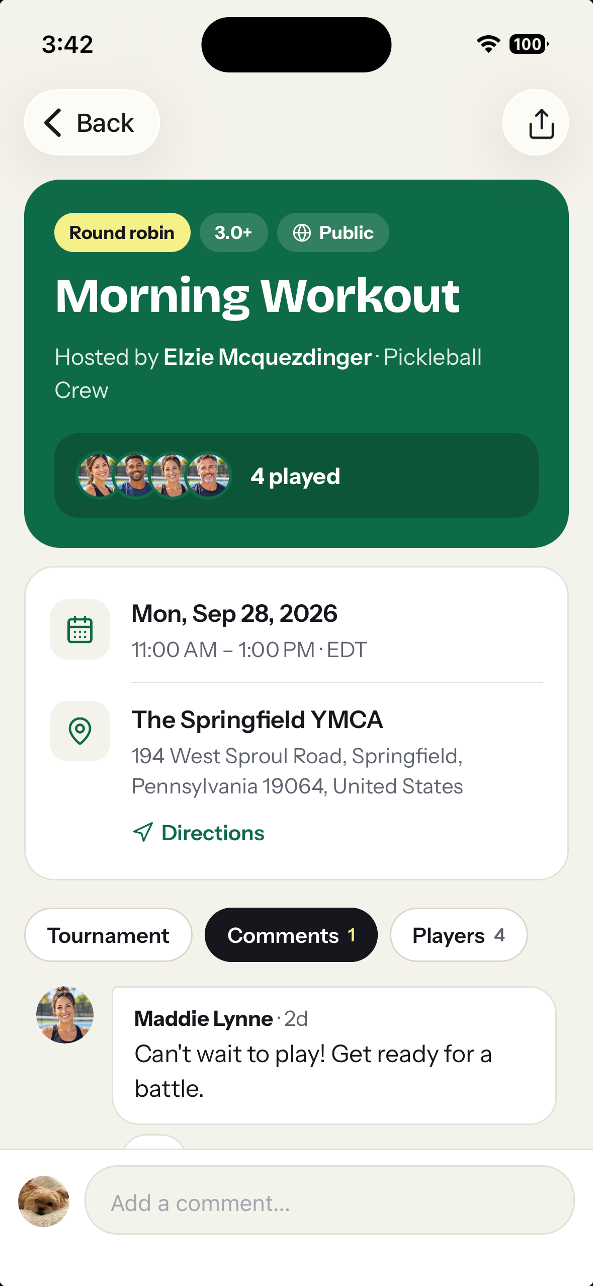 A game with its time, court and the players going