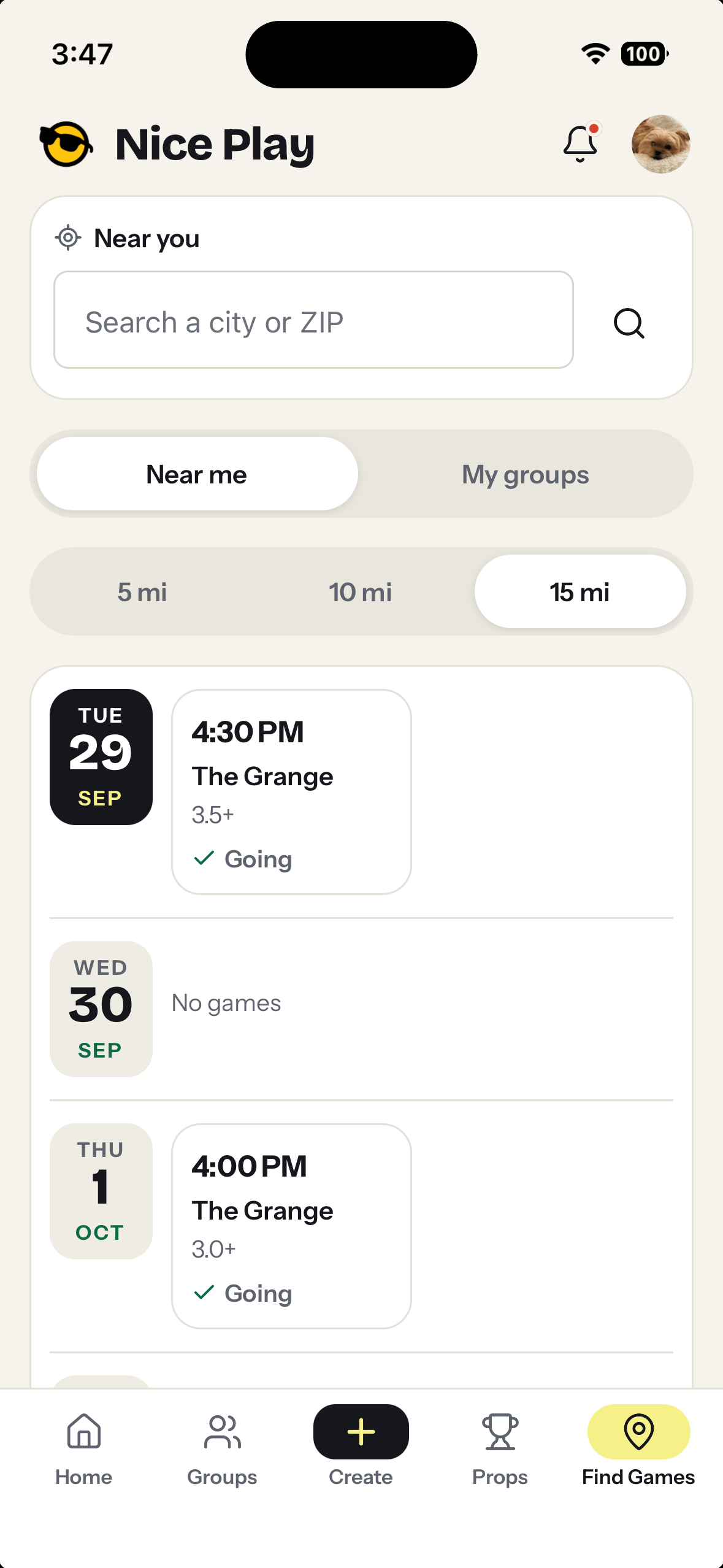 Public games near the player, listed by court