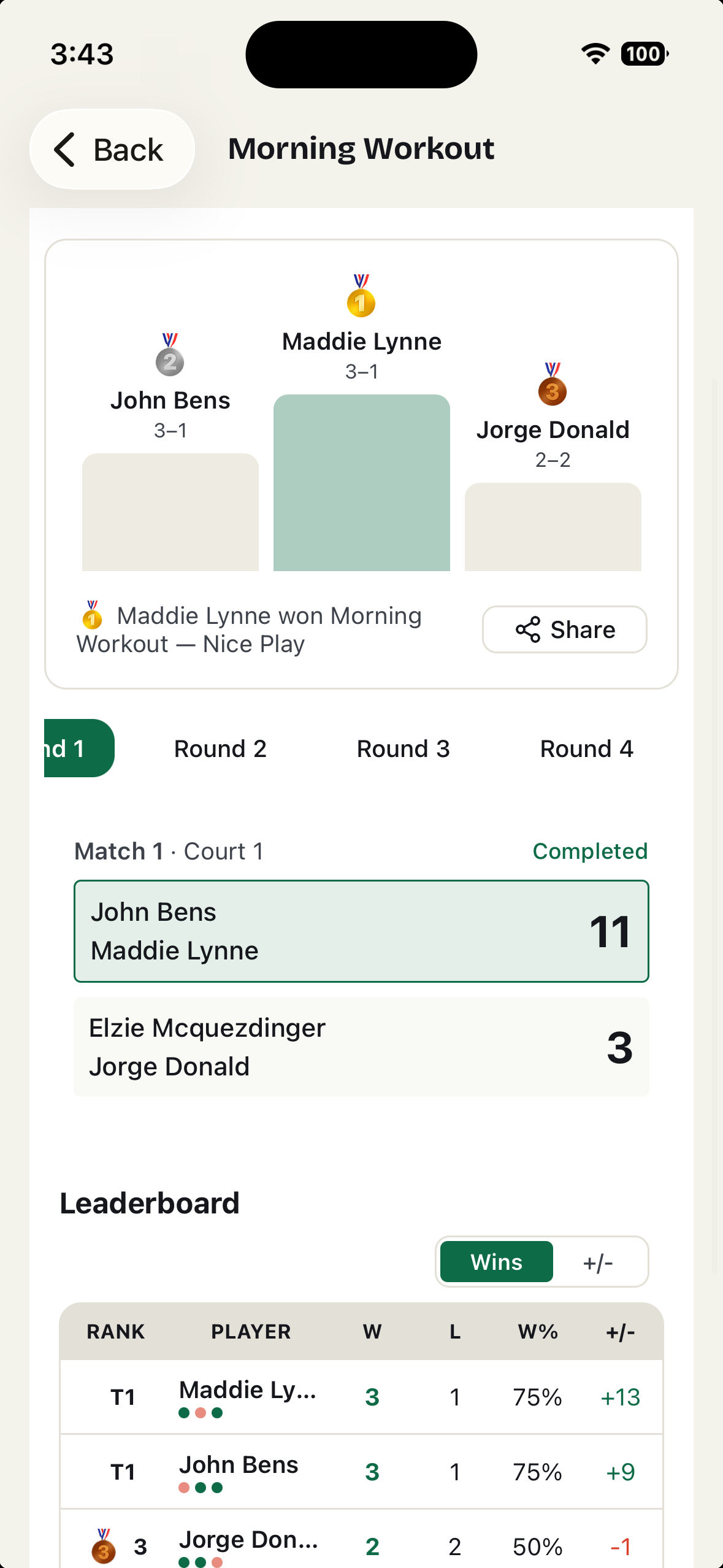 A round robin schedule with courts, partners and scores